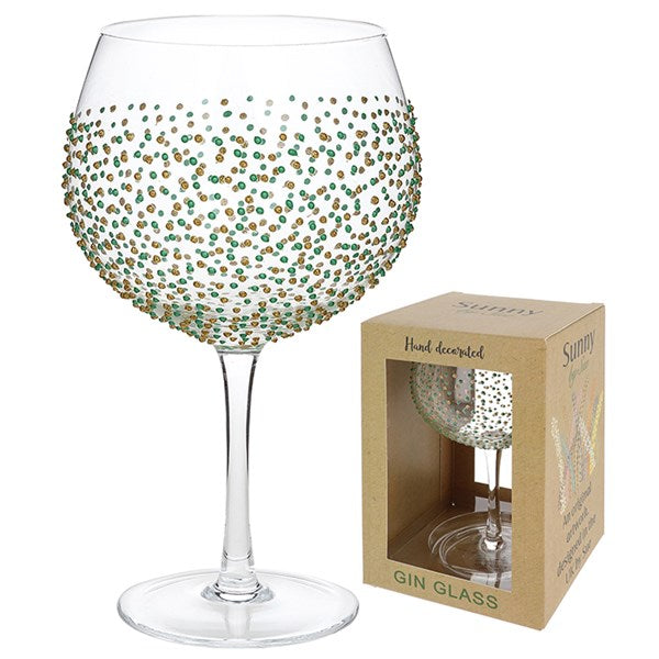 Sunny By Sue Hand Decorated Gin Glass Gold and Green Dots