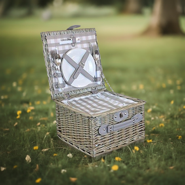 2 Person Grey Checked Fitted Wicker Willow Picnic Hamper Basket with C ...