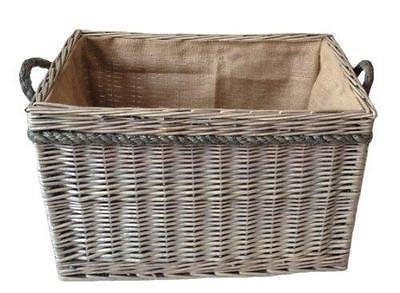 Large Delux , Rectangular , Hessian Lined Log Basket. Antique wash finish. Full cane willow. Rope handled - Willow and Avon