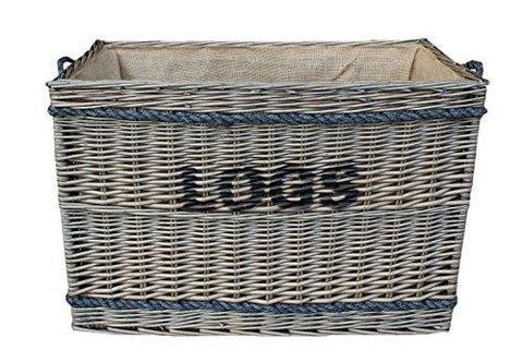 Extra Large Jumbo Delux Rectangular Hessian Lined Log Basket Antique Wash Finish Full Cane Willow Rope Handled