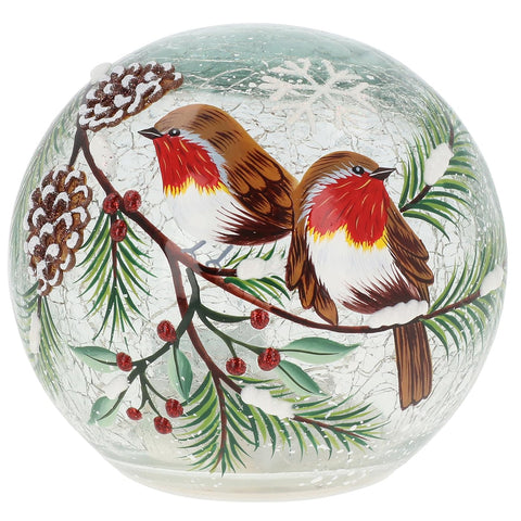 Shudehill Giftware Christmas Crackle Glass Ball Light Up Globe Decoration LED Ornament - Robin