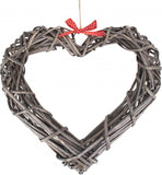 Grey Wash Willow Wide Heart Wreath With Red Spotty Ribbon 30cm Diameter