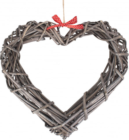 Grey Wash Willow Wide Heart Wreath With Red Spotty Ribbon 30cm Diameter