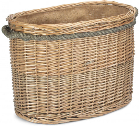 Medium Delux Oval Hessian Lined Log Basket Antique Wash Finish Rope Handled