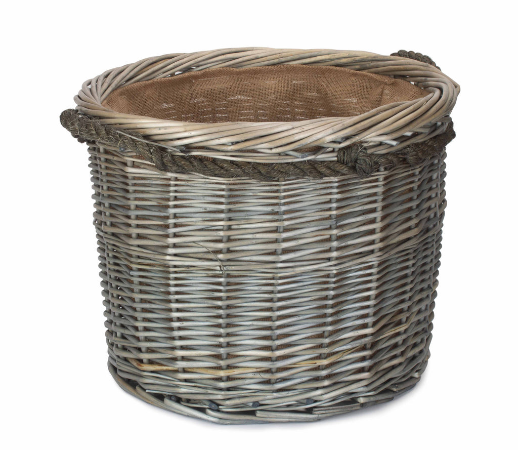 Large Antique Wash Round Rope Handled Log Basket, Hessian Lined