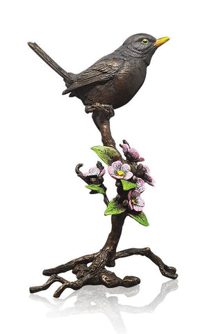 Blackbird with Blossom - Hand Painted Bronze (1046)