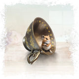 Cold Cast Bronze Mouse in Teacup Four Leaf Clover - Hand Painted Michael Simpson