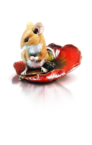 Cold Cast Bronze Mouse sitting in Red Poppy - Hand Painted by Michael Simpson