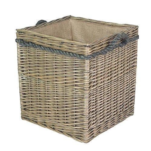 Delux Square Hessian Lined Log Basket Antique Wash Finish Rope Handled - Willow and Avon
