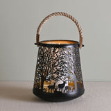 Black and Gold Deer Silhouette Christmas Lantern with Rope Handle Candle Holder