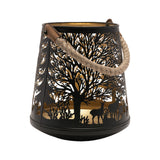 Black and Gold Deer Silhouette Christmas Lantern with Rope Handle Candle Holder