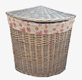 Large Antique Wash Corner Linen Basket With Garden Rose Lining - Willow and Avon