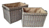 Delux Rectangular Hessian Lined Log Basket Antique wash finish Full cane willow Rope handled