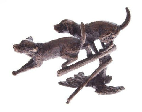 Butler & Peach Detailed Small Solid Bronze Two Labradors Running - Willow and Avon