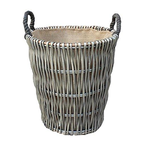 Tall Grey Willow Round Hessian Lined Wicker Log Basket - Willow and Avon