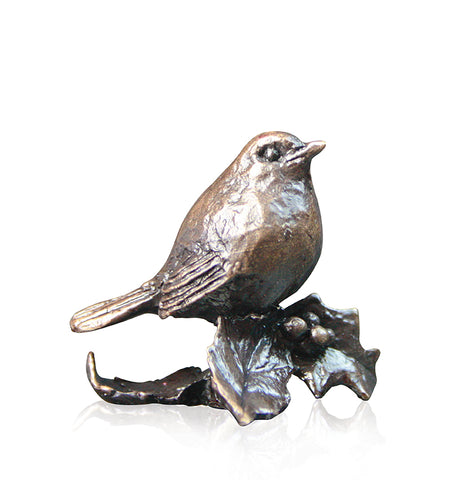 Butler & Peach Detailed Small Solid Bronze Robin on Holly with Berries Boxed Gift - Willow and Avon