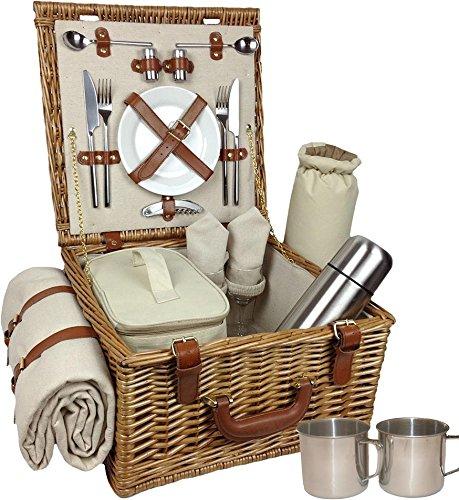 Deluxe Fully Fitted Traditional Picnic Basket 2 Persons Tan Leather