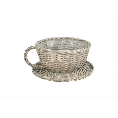 Antique Wash Willow Tea Cup and Saucer Basket Plant Pot Holder - Willow and Avon