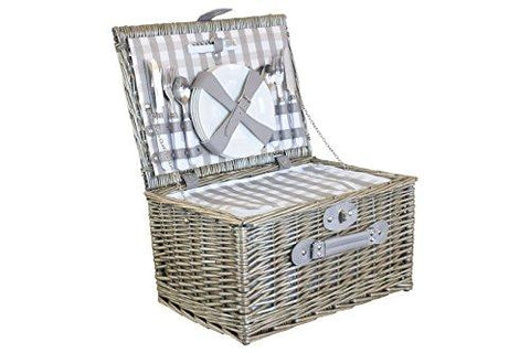 4 Person Grey Checked Fitted Wicker Willow Picnic Basket with Cooler Cutlery Plates