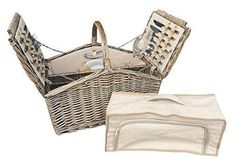 Two Lidded Fitted 4 Person Picnic Antique Wash Willow Basket Hamper - Willow and Avon