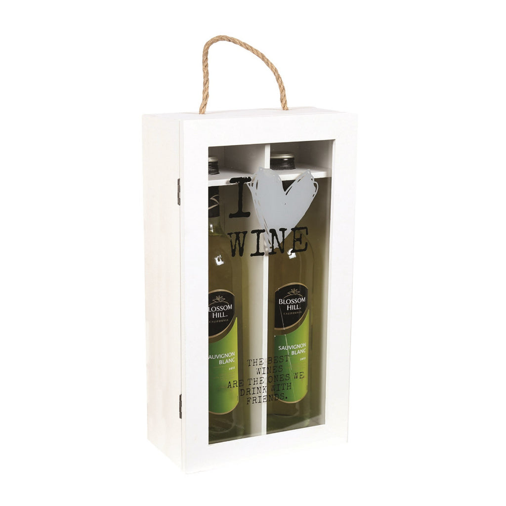 Dual Bottle White Wooden Hinged Wine Box Glass Lid - I Love Wine - Gift - Willow and Avon