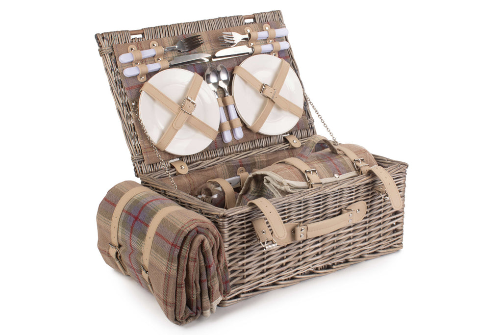 Lavender Tartan 4 Person Fully Fitted Picnic Hamper Basket with Cooler Blanket