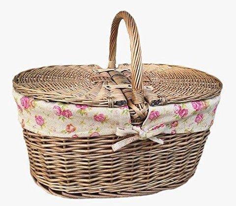 Deep Antique Wash Oval Wicker Willow Picnic Basket With Garden Rose Lining