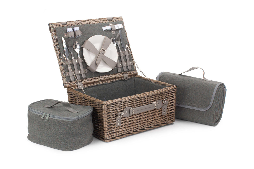 Willow 2 Person Grey Tweed Wicker Fitted Picnic Basket Hamper Cooler Blanket