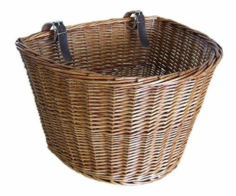 Large Traditional Wicker Willow Bicycle Front Basket with Leather Straps