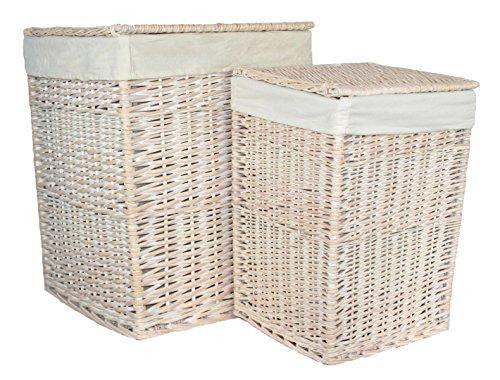 Quality Square White Wash Linen / Laundry Basket Hamper Set of Two with White Lining - Willow and Avon