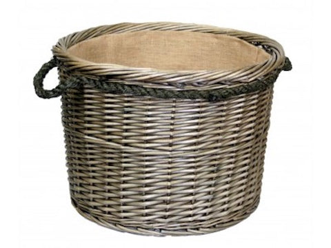 Extra Large Antique Wash Round Rope Handled Log Basket, Hessian Lined