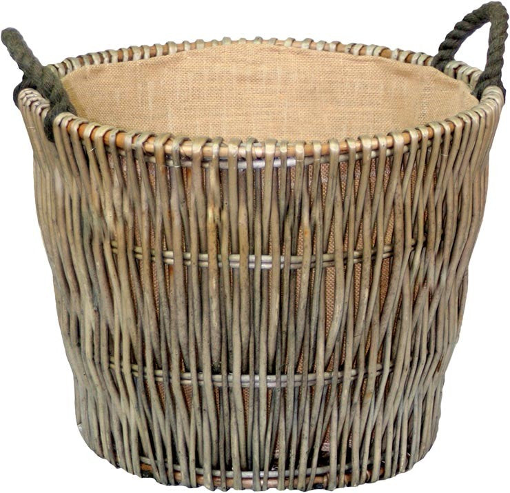 Round Antique Wash Hessian Lined Rope Handles Log Basket